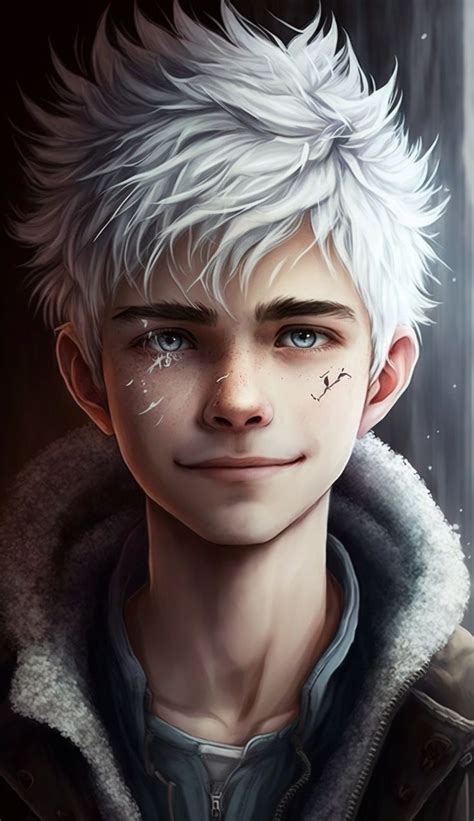 Jack Frost, anime art, digital drawing, character design, white hair, cute boy, cute teen ...