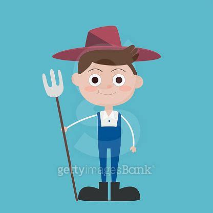 Cute Flat Farmer cartoon characters wear blue farmer dress and black boots.His right hand hold ...