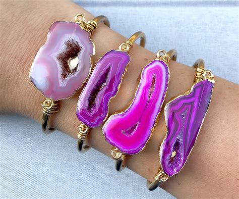 Your place to buy and sell all things handmade | Gold bracelet cuff, Pink agate, Agate bracelet