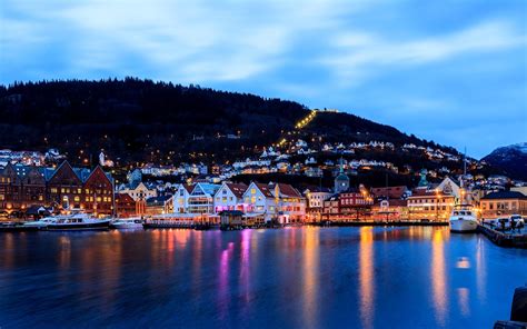 Bergen, Norway, city, evening, houses, lights, sea, dock, boat ...