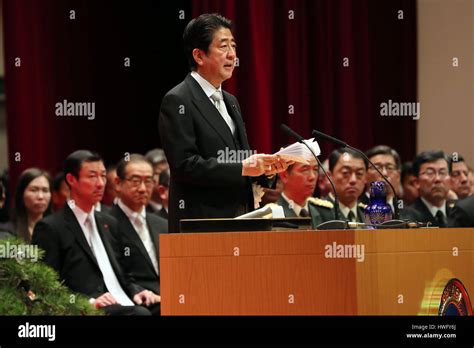 Yokosuka, Japan. 19th Mar, 2017. Japanese Prime Minister Shinzo Abe delivers a speech at the ...