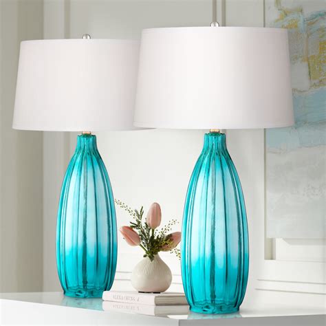 360 Lighting Coastal Table Lamps 30" Tall Set of 2 Fluted Blue Glass White Drum Shade for Living ...