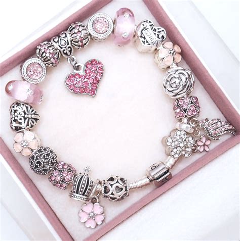 PANDORA SILVER CHARM BRACELET WITH PINK CRYSTAL HEART LOVE FAMILY ...