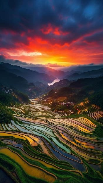 Premium AI Image | Sunset over rice terraces with a cloudy sky