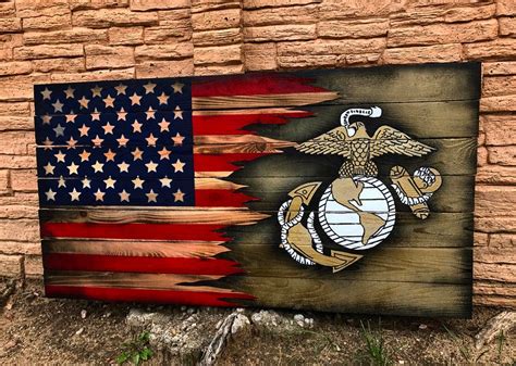 USMC upgraded Wood Marine American Flag ripped effect with | Etsy in ...