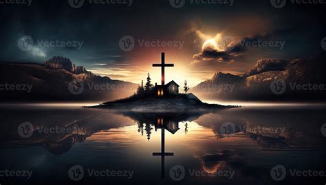 Religion landscape background, christian cross on nature backdrop ...