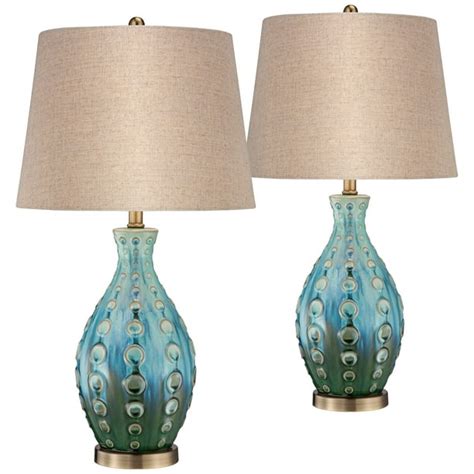 360 Lighting Mid Century Modern Table Lamps Set of 2 Ceramic Teal Handmade Tan Linen Tapered ...