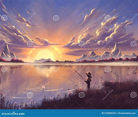 Boy fishing at the sunset stock illustration. Illustration of sunlight ...