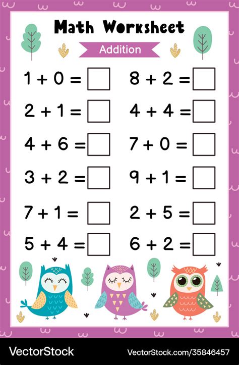 Math worksheet for kids addition mathematic Vector Image