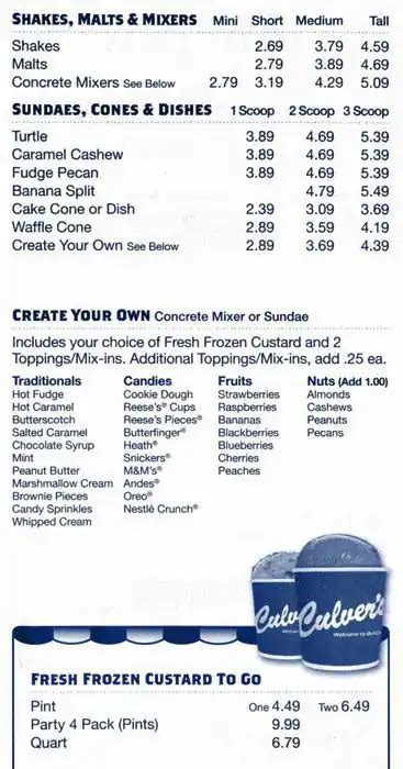 Menu at Culver's fast food, Parker, Mainstreet