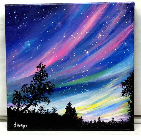 RESERVED Northern Lights original acrylic painting on 12" x 12" stretched canvas. Auroral ...
