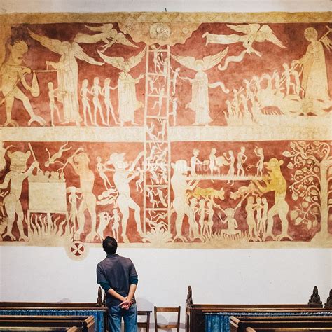 Medieval wall painting, dating from around 1170, in Chaldon church, Surrey, depicting the ...