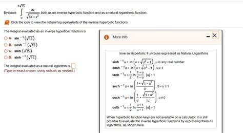 SOLVED: 8415 Evaluate both as an inverse hyperbolic function and as natural logarithmic function ...