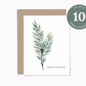 Happy Holidays Eco-friendly Cards, Set of 10 Watercolor Pine Sprig Greeting Cards, Recycled ...