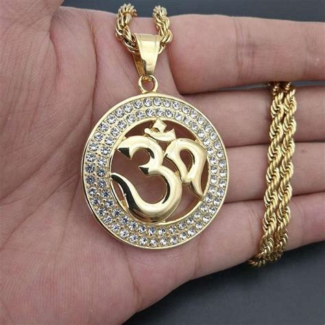 Hip Hop Round Indian Yoga Pendant With Rope Chain Gold Color Stainless Steel OHM Hindu Buddhist ...