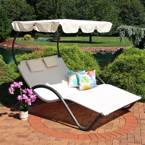 Sunnydaze Double Chaise Lounge with Canopy Shade and Headrest Pillows ...