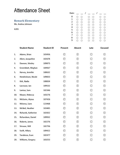 Attendance Sheet With Names On It