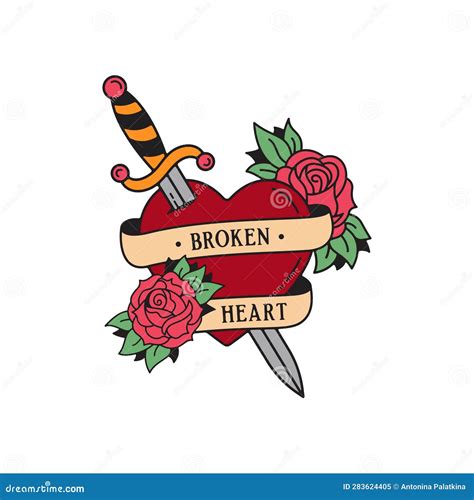 Old School Tattoo Emblem Label with Dagger Rose Heart Symbols and Wording Broken Heart ...