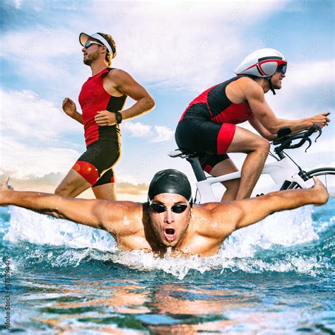 Triathlon swim bike run triathlete man training for ironman race concept. Three pictures ...