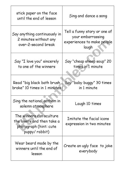 Funny punishments for English games - ESL worksheet by katobi