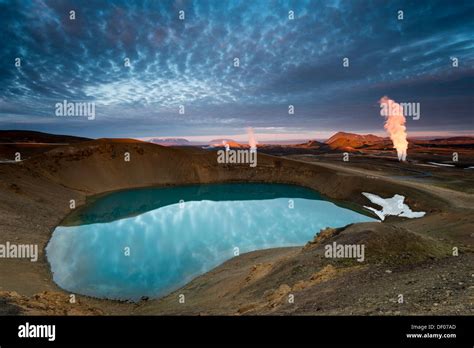 Krafla volcano on lake Víti, steam from a geothermal power plant, Mývatn area, Norðurland eystra ...