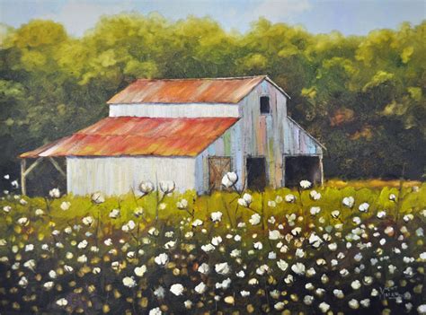 cotton field with barn | Cotton Field Painting Barn cotton field | Farm ...