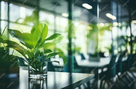 Premium Photo | Blurred office interior with glass walls and green plants