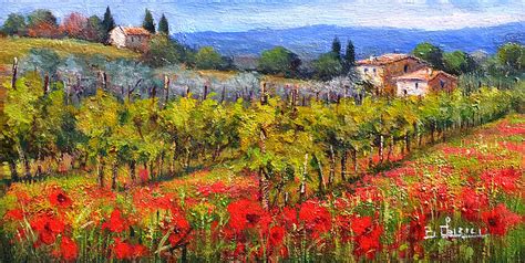 Tuscany painting - Vineyard and poppies Toscana Painting by Bruno Chirici