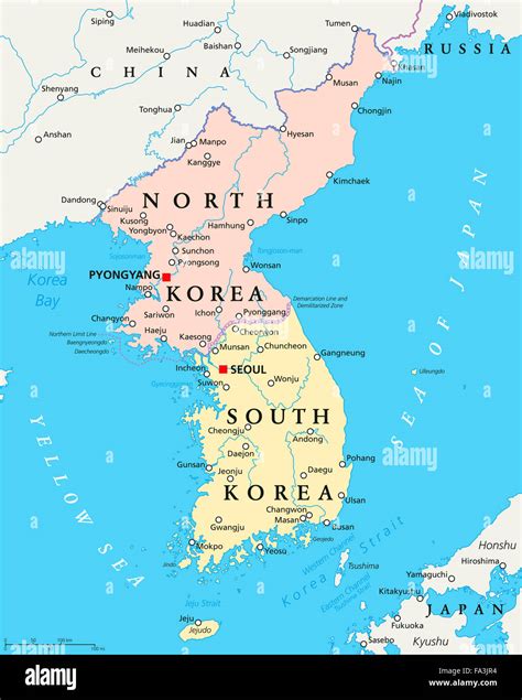 North Korea, South Korea political map with capitals Pyongyang and Seoul. Korean peninsula ...