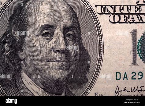 Close Up of Benjamin Franklin on the front of a US $100 Bill Stock ...