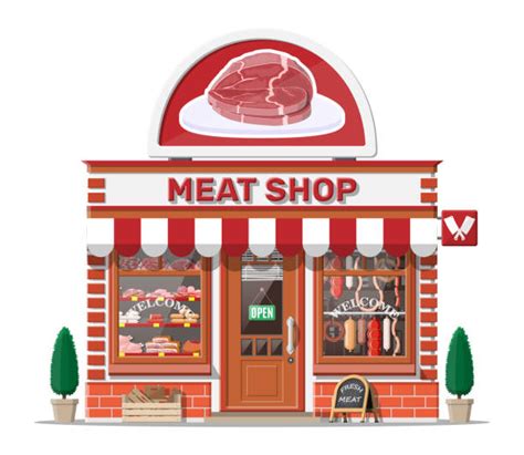 Meat Shop Cartoon Butcher Store Facade Building Illustrations, Royalty ...