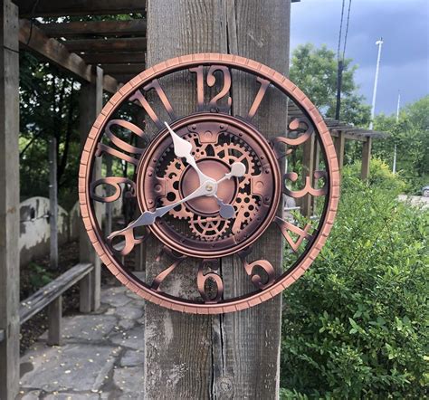 KUNY Outdoor Garden Wall Clock,Large 30cm Waterproof Garden Ornament Open Face Hollow Gear ...
