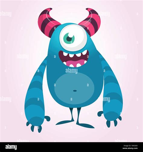 Funny cartoon monster with one eye. Vector blue monster illustration. Big set of Halloween ...