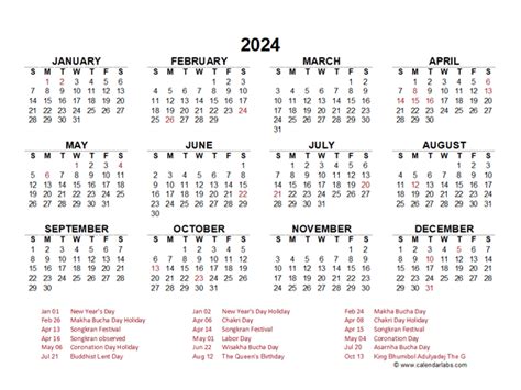 2024 Year at a Glance Calendar with Thailand Holidays - Free Printable Templates