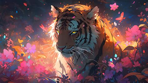 Tiger in Flowers Art Desktop Wallpaper - Tiger Wallpaper Desktop 4k