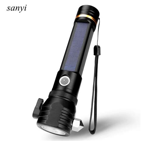 Multifunction Solar Flashlight USB/Solar Dual Charging Mode Flash Light Torch With Safety Hammer ...