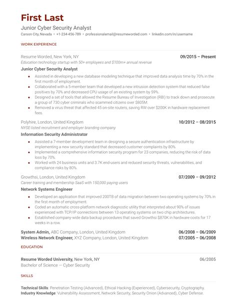 Junior Cyber Security Analyst Resume Examples for 2024 | Resume Worded