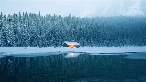 winter, Snow, Ice, Lake, House, Trees, Cabin Wallpapers HD / Desktop ...