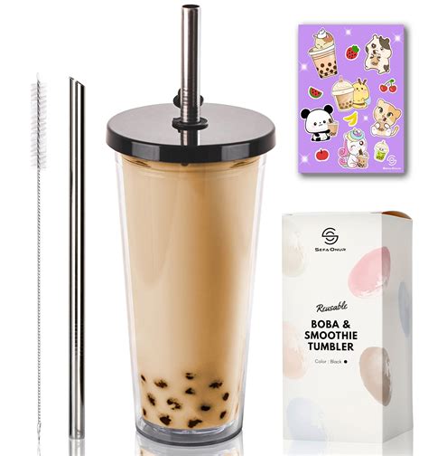 Buy 24 oz Reusable Boba Cup Smoothie Tumbler with Resealable Lid Plug ...