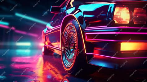 Premium AI Image | Retro car in neon lights 80s style abstract vintage design