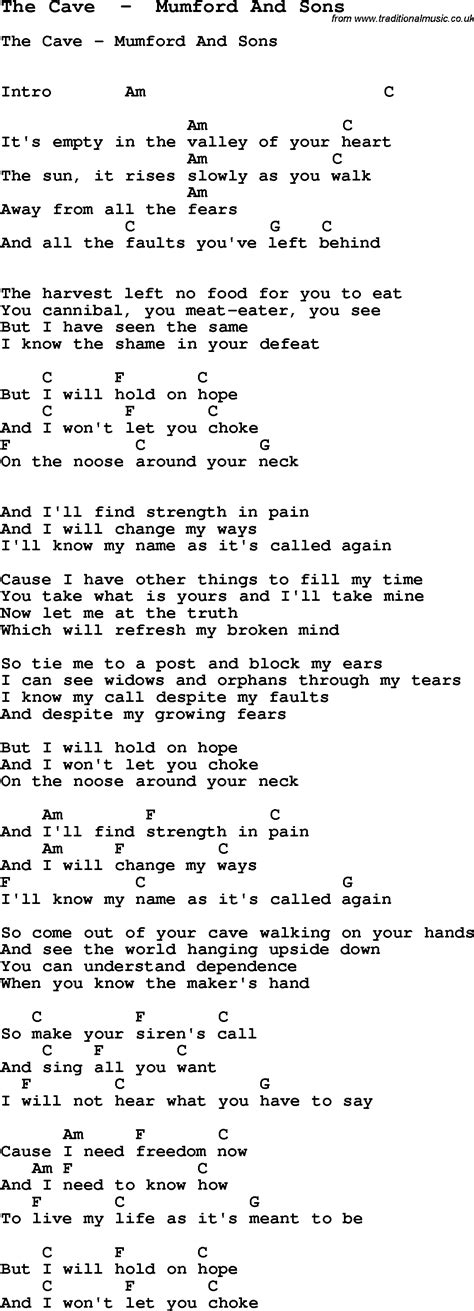 Song The Cave by Mumford And Sons, song lyric for vocal performance plus accompaniment chords ...