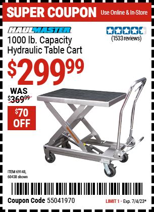 HAUL-MASTER 1000 lbs. Capacity Hydraulic Table Cart for $299.99 – Harbor Freight Coupons