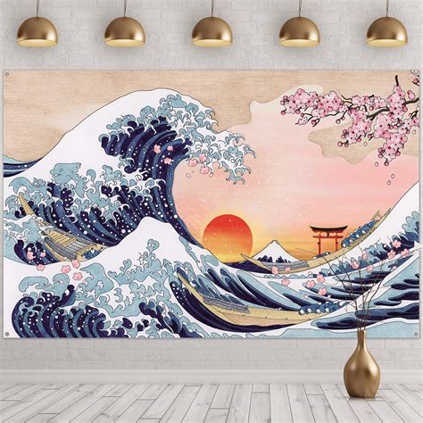 Buy Great Wave Wall Hanging Ocean Wave Photo Banner Japanese Kanagawa Backdrop Sunset Cherry ...