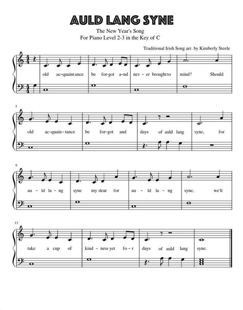 Auld Lang Syne the New Year's Song for Easy Piano Level 2-3 PDF - Etsy ...