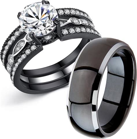 MABELLA Couple Rings Black Men Titanium Matching Band Women Cubic ...