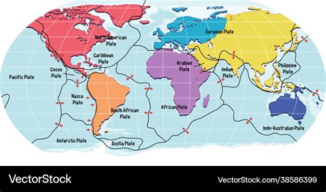 World map showing tectonic plates boundaries Vector Image