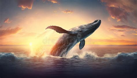 Jumping Humpback Whale Over the Water. Sunset Background. Photo ...