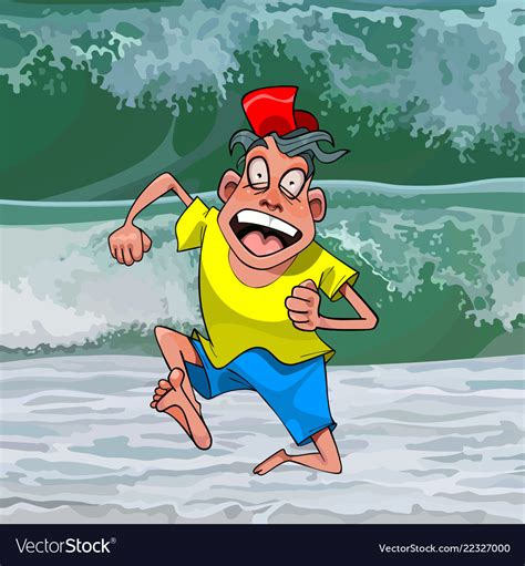 Cartoon funny man runs away from a big wave Vector Image