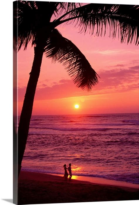 Hawaii, Couple Silhouetted On The Beach At Sunset With Tall Palm Foreground Wall Art, Canvas ...