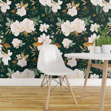 Peel & Stick Wallpaper 2FT Wide Gold Floral Monstera Green Background Flower White Custom ...